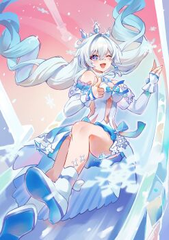 1girl ;o absurdres blue_eyes blue_hair breasts chinese_commentary commentary_request dress drill_hair finger_gun gradient_hair highres honkai_(series) honkai_impact_3rd kiana_kaslana kiana_kaslana_(ba-dum!_fiery_wishing_star) kiana_kaslana_(winter_wishes) large_breasts looking_at_viewer multicolored_hair official_alternate_costume official_alternate_hairstyle one_eye_closed pink_hair raito_(280089691) shoes snowflakes socks thighs tiara twin_drills twintails two-tone_hair white_dress white_shoes white_socks