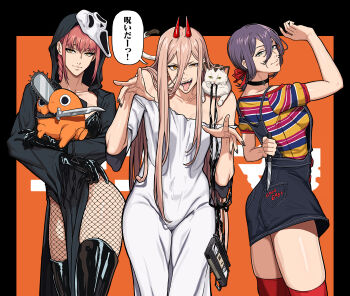 3girls absurdres animal animal_on_shoulder black_boots black_choker black_gloves black_overalls black_robe blonde_hair blue_shirt boots braid braided_ponytail breasts cat cat_on_shoulder chainsaw_man child&#039;s_play choker chucky chucky_(cosplay) cosplay cross-shaped_pupils demon_girl demon_horns dress fishnet_pantyhose fishnets ghost_costume ghost_pose ghostface ghostface_(cosplay) gloves green_eyes grenade_pin hair_between_eyes highres holding holding_behind_back holding_knife holding_knife_behind_back horns knife long_hair_between_eyes makima_(chainsaw_man) mask mask_on_head medium_breasts meowy_(chainsaw_man) mikey_pie mouth_hold multicolored_shirt multiple_girls open_mouth overalls pantyhose pochita_(chainsaw_man) power_(chainsaw_man) purple_hair red_hair red_horns red_ribbon red_shirt red_thighhighs reze_(chainsaw_man) ribbon robe scream_(movie) shirt striped_clothes striped_shirt symbol-shaped_pupils the_ring thigh_boots thighhighs tongue tongue_out videocassette white_dress yamamura_sadako yamamura_sadako_(cosplay) yellow_eyes yellow_shirt