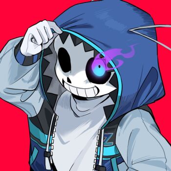 1boy :d adjusting_hood alternate_universe arm_up black_jacket black_sclera blue_eyes blue_hood colored_sclera commentary drawstring english_commentary flaming_eye from_above gloves grey_sleeves grid_teeth grin highres hood hood_up hooded_jacket jacket kimeni_homeru long_sleeves looking_at_viewer male_focus multicolored_eyes open_clothes open_jacket open_mouth puffy_long_sleeves puffy_sleeves purple_eyes red_background sans_(undertale) simple_background skeleton smile solo sweater turtleneck turtleneck_sweater two-tone_eyes undertale upper_body utdr_(toby_fox) white_gloves white_sweater