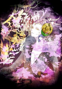 1girl beads black_dress breasts cleavage collarbone commentary_request copyright_name dress edea_kramer feather_collar final_fantasy final_fantasy_viii horns medium_breasts parted_lips plunging_neckline ruka_(blueplus84) solo striped_horns yellow_eyes