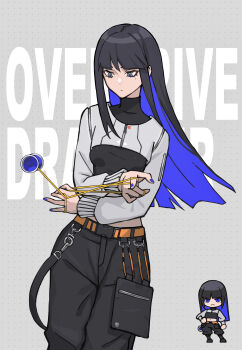 Rule 34 | 1girl, absurdres, belt, black hair, black pants, black shirt, blue eyes, blue hair, blue nails, blunt bangs, breasts, buckle, chibi, chibi inset, closed mouth, colored inner hair, commentary request, cowboy shot, cropped jacket, crossed arms, english text, fingernails, floating hair, frown, grey background, grey eyes, grey jacket, grid background, hand on own hip, highres, jacket, long hair, long sleeves, looking at object, midriff, mole, mole under eye, mujikuro, multicolored hair, orange belt, original, pants, polka dot, polka dot background, pouch, ribbed sleeves, shirt, sidelocks, small breasts, snap-fit buckle, solo, standing, strap, turtleneck, turtleneck shirt, yo-yo, zipper pull tab