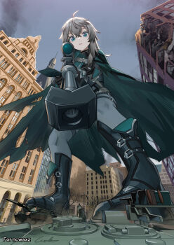 1girl absurdres aiming belt black_survival bodysuit boots building cape city cloud eternal_return:_black_survival from_below giant giantess green_eyes grey_bodysuit grey_hair gun hair_between_eyes highres katja_(black_survival) knee_boots long_hair military_vehicle motor_vehicle perspective rifle ruined_building scope serious sky sniper_rifle tank thigh_strap torn_cape torn_clothes weapon welt_(kinsei_koutenkyoku)