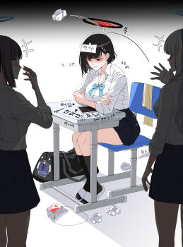 3girls absurdres aged_down alternate_costume alternate_hair_length alternate_hairstyle bag black_hair black_halo black_socks blue_archive blue_bow blue_bowtie blunt_bangs bow bowtie breasts bullying chair classroom cleavage closed_mouth collared_shirt commentary_request crossed_arms desk dress_shirt drink_carton glasses hair_behind_ear hair_ornament hairclip halo highres kkuyangitang1 korean_commentary large_breasts long_hair looking_down milk_carton millennium_science_school_student_(blue_archive) millennium_science_school_student_a_(blue_archive) millennium_science_school_student_b_(blue_archive) miniskirt multiple_girls paper paper_on_head pleated_skirt red_eyes rio_(blue_archive) school_bag school_desk school_uniform shirt shirt_tucked_in short_hair sitting skirt sleeves_rolled_up slippers socks solo_focus standing tearing_up throwing translation_request white_shirt writing