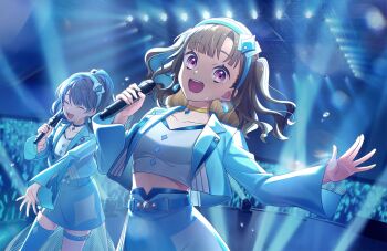 2girls :d ^_^ blue_choker blue_hair blue_hairband blue_jacket blue_skirt blue_thighhighs breasts brown_hair choker closed_eyes collarbone cowboy_shot crop_top cropped_shirt diamondz_(love_live!) dollchestra game_cg glowstick hairband half_updo highres holding holding_microphone jacket kachimachi_kosuzu link!_like!_love_live! long_sleeves looking_at_viewer love_live! microphone midriff miniskirt multiple_girls murano_sayaka non-web_source official_art open_clothes open_jacket open_mouth penlight_(glowstick) pink_eyes playing_card_hair_ornament ponytail shirt single_thighhigh skirt small_breasts smile stage sweat teeth thigh_strap thighhighs two_side_up upper_teeth_only v-neck virtual_youtuber white_shirt yellow_choker