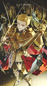 Rule 34 | 1boy, absurdres, armor, armored boots, armored skirt, blonde hair, boots, cape, commentary, cupping hand, earrings, fate/grand order, fate (series), fish, fishing rod, full armor, full body, gate of babylon (fate), gauntlets, gilgamesh (fate), gold armor, gold earrings, gom door7, highres, jewelry, male focus, red cape, red eyes, short hair, shoulder armor, smile, solo, spiked hair, symbol-only commentary, waist cape
