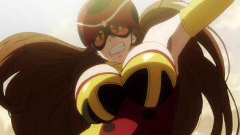 1girl animated blue_eyes bouncing_breasts breasts brown_hair cleavage electro_wave_human_tackle kamen_rider large_breasts long_hair okada_yuriko solo tagme toujima_tanzaburou_wa_kamen_rider_ni_naritai video