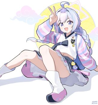 1girl ahoge alternate_costume artist_name blue_archive blue_eyes blue_hair blue_nails blush boots braid hair_ornament halo happi japanese_clothes knees_up long_hair midriff_peek navel open_happi open_mouth pink_boots pink_hair reisa_(blue_archive) shirt sitting skirt smile solo star_(symbol) star_hair_ornament star_halo twin_braids twitter_username ujuro v white_shirt