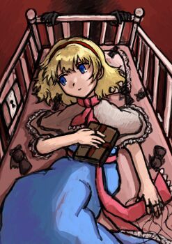 1girl alice_margatroid blonde_hair blue_eyes blue_skirt book capelet dade_ne highres jewelry lying on_back one-hour_drawing_challenge puppet_strings ring short_sleeves skirt solo touhou white_capelet