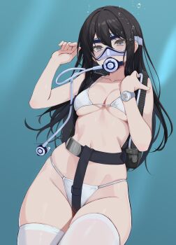 1girl absurdres bare_shoulders bdsm belt bikini black_hair bondage bound breasts collarbone commentary_request commission crotch_rope gluteal_fold goggles grey_eyes highres idashige_(walkietalkie) looking_at_viewer medium_breasts navel original oxygen_mask oxygen_tank skeb_commission skindentation solo standing stomach swim_goggles swimsuit thigh_gap thighhighs underwear white_bikini white_thighhighs