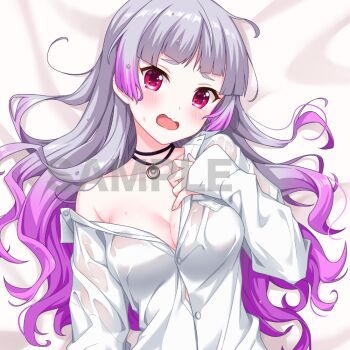 1girl alternative_girls black_choker blunt_ends blush breasts button_gap choker cleavage collarbone dakimakura_(medium) dot_nose gradient_hair grey_hair hair_down hand_on_own_chest long_hair long_sleeves meya_fontaine multicolored_hair official_art open_mouth pendant_choker purple_hair red_eyes sample_watermark second-party_source see-through_clothes see-through_shirt shirt single_off_shoulder solo upper_body watermark wet wet_clothes wet_shirt white_shirt