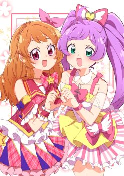 2girls :d ahoge aikatsu! aikatsu!_(series) aikatsu!_x_pripara_the_movie_-deai_no_kiseki!- bare_shoulders bow braid commentary_request crossover crown_braid detached_collar dress frilled_dress frilled_skirt frills genre_connection green_eyes hair_bow heart heart_hands heart_hands_duo highres long_hair looking_at_viewer manaka_laala multiple_girls open_mouth orange_hair ozora_akari pink_bow pink_shirt pink_skirt plaid_clothes plaid_skirt pleated_skirt pretty_series pripara purple_hair red_eyes shirt short_dress skirt smile standing star_(symbol) toon_(noin) twintails very_long_hair yellow_dress
