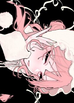 1girl black_background blunt_bangs close-up closed_mouth eyelashes fall_in_love_you_false_angels fingernails hair_bun hat head_rest highres katsura_otogi long_fingernails pink_eyes pink_hair simple_background solo uzcoco_66 white_nails
