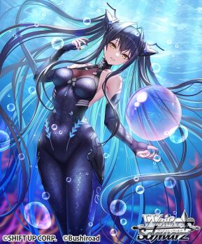 1girl anbe_yoshirou aqua_hair black_bodysuit black_hair blurry blurry_background bodysuit bubble colored_inner_hair commentary_request company_name copyright_logo copyright_notice covered_navel detached_sleeves goddess_of_victory:_nikke hair_intakes hexagon_print holding_bubble honeycomb_(pattern) honeycomb_print light_smile little_mermaid_(nikke) logo long_hair multicolored_hair parted_lips see-through_cleavage see-through_clothes solo two_side_up underwater very_long_hair weiss_schwarz yellow_eyes