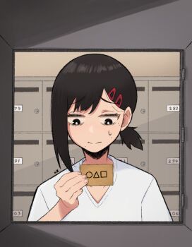 1girl black_eyes black_hair bright_pupils card chainsaw_man circle closed_mouth hair_ornament hairclip higashiyama_kobeni highres holding holding_card indoors locker locker_room mole mole_under_eye mole_under_mouth multiple_moles nekonbini parody ponytail short_hair short_ponytail solo square squid_game standing sweatdrop triangle upper_body white_pupils