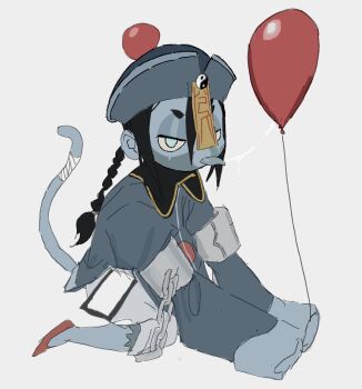 1girl balloon black_hair bloons_tower_defense blue_eyes braid chinese_clothes highres jiangshi monkey monkey_girl monkey_tail ofuda pipopainmyhouse saliva saliva_trail simple_background single_braid sleeves_past_fingers sleeves_past_wrists tail talisman tongue tongue_out white_background zombie