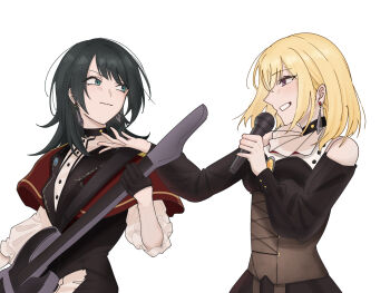 2girls bang_dream! bang_dream!_it&#039;s_mygo!!!!! bass_guitar black_dress black_gloves black_hair blonde_hair blue_eyes brown_corset capelet closed_mouth commentary corset doloris_(bang_dream!) dress earrings gloves highres holding holding_bass_guitar holding_instrument holding_microphone instrument jewelry long_sleeves medium_hair microphone misumi_uika multiple_girls nagomu_7_56 open_mouth purple_eyes red_capelet simple_background timoris_(bang_dream!) white_background yahata_umiri