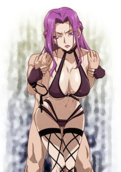 1girl arm_grab braid breasts censored cleavage closed_mouth clothed_female_nude_male code_geass cornelia_li_britannia crown_braid feet_out_of_frame fingerless_gloves fishnet_thighhighs fishnets gloves highres kyabakurabakufu large_breasts legs lipstick long_hair makeup mosaic_censoring nude penis purple_eyes purple_hair purple_lips pussy sex simple_background standing standing_sex sweat thighhighs thighs vaginal