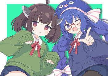 Rule 34 | 2girls, :o, ;d, absurdres, ahoge, black201 wav, black skirt, blue eyes, blue hair, blue sweater, blunt bangs, blush, border, bow, commentary, cowboy shot, drop shadow, glasses, green background, green sweater, hair bow, hand up, hat, hat ribbon, headgear, highres, l hand, long hair, long sleeves, looking at viewer, miniskirt, multiple girls, neck ribbon, one eye closed, open mouth, otomachi una, outside border, pleated skirt, red-framed eyewear, red eyes, red ribbon, ribbon, school uniform, semi-rimless eyewear, simple background, skirt, sleeves past wrists, smile, sweater, touhoku kiritan, twintails, under-rim eyewear, vocaloid, voiceroid, white border, white bow, white ribbon