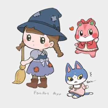 Rule 34 | 1boy, 2girls, animal crossing, animal ears, apple (animal crossing), ayu (mog), blue dress, blue hat, blunt bangs, boots, braid, broom, brown boots, brown hair, cat boy, cat ears, cat tail, closed mouth, commentary, commentary request, dot mouth, dress, english commentary, full body, hamster ears, hamster girl, hat, holding, holding broom, long hair, looking at viewer, mixed-language commentary, multiple girls, nintendo, open mouth, patch, pink dress, polka dot, polka dot dress, romaji commentary, short sleeves, simple background, sitting, standing, tail, tom (animal crossing), twin braids, villager (animal crossing), white background, witch hat