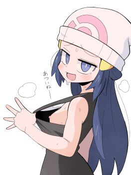 1girl beanie black_shirt blue_eyes blue_hair blush breasts clothes_pull commentary_request dawn_(pokemon) hair_ornament hairclip hat heavy_breathing highres kurachi_mizuki long_hair looking_at_viewer naughty_face nintendo nipples pokemon pokemon_diamond/pearl/platinum shirt shirt_pull sideboob sketch sleeveless small_breasts sweat white_hat