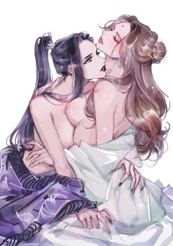 2girls absurdres anssel3 arm_around_waist bindi black_hair black_lips breasts brown_hair closed_eyes commentary earrings facial_mark forehead_mark half_updo he_xuan high_ponytail highres jewelry light_particles lipstick_mark lipstick_mark_on_breast lipstick_mark_on_neck lipstick_mark_on_shoulder long_hair looking_at_another multiple_girls nipples parted_lips ponytail shi_qingxuan simple_background tianguan_cifu topless_female white_background yuri