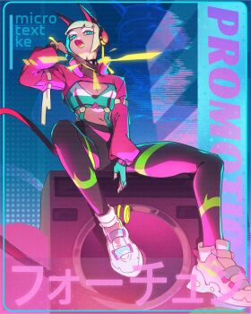 1girl alternate_costume blue_eyes bob_cut bubene cat_girl cleavage_cutout clothing_cutout cropped_jacket english_text jacket japanese_text looking_at_viewer looking_down midriff ms._fortune_(skullgirls) navel shoes sitting skullgirls sneakers solo speaker spread_legs white_hair