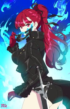 1girl absurdres artist_logo ass breasts coat from_behind gloves hair_ribbon highres large_breasts leotard logo long_hair looking_at_viewer persona persona_5 ponytail r3dfive rapier red_eyes red_hair ribbon sideboob solo sword very_long_hair violet_(persona_5) weapon yoshizawa_kasumi