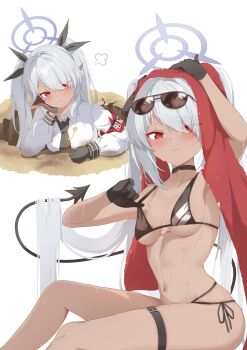 1girl absurdres bikini black_bikini black_gloves black_necktie blue_archive blush breasts closed_mouth commentary dark-skinned_female dark_skin demon_girl demon_tail eyes_visible_through_hair foxhole gloves grey_hair hair_over_one_eye halo head_rest hello-ghiblisan highres iori_(blue_archive) iori_(swimsuit)_(blue_archive) long_hair looking_at_viewer medium_breasts necktie pointy_ears purple_halo red_eyes shirt sidelocks solo swimsuit tail thigh_strap towel towel_on_head twintails white_shirt