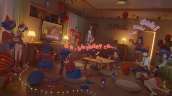 3d 6+girls absurdres amputee anniversary balloon barefoot bloodshot_eyes blue_hair blue_necktie blue_skirt bow cabinet cake candle chibi_mita_(miside) choker commentary cool_mita_(miside) couch crazy_mita_(miside) creepy_mita_(miside) curtains door doorway dress english_commentary english_text everyone fairy_lights finger_to_mouth food full_body gift hat highres indoors kind_mita_(miside) lamp light_particles long_hair looking_at_another lying mila_(miside) miside mita_(miside) multiple_girls necktie night official_art on_side pajamas party_hat pillow plant player_character_(miside) pleated_skirt potted_plant red_bow red_choker red_dress red_pajamas red_thighhighs scar scar_on_face shelf shirt shoes short-haired_mita_(miside) short_hair shushing sitting sitting_on_lap sitting_on_person skirt sleeping sleepy_mita_(miside) slippers table television thighhighs tiny_mita_(miside) unworn_hat unworn_headwear unworn_shoes white_shirt
