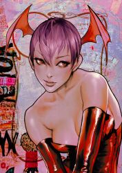 Rule 34 | 1girl, absurdres, bare shoulders, bat wings, breasts, bridal gauntlets, capcom, head wings, highres, lilith aensland, looking to the side, purple hair, red eyes, short hair, solo, sozomaika, tagme, upper body, vampire (game), wings