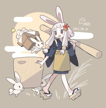 1girl :d aida_(aidia) animal animal_ears apron blue_kimono blunt_bangs blunt_ends blush_stickers brown_background brown_sandals commentary_request dated dot_nose food full_body geta hair_ornament highres japanese_clothes kimono leaf_hair_ornament long_hair long_sleeves mochi open_mouth original rabbit rabbit_ears rabbit_girl red_eyes sandals sidelocks signature smile solo standing thick_eyebrows white_hair wide_sleeves yellow_apron