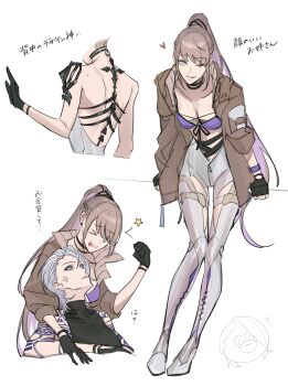 &gt;_o 2girls absurdres anger_vein arm_tattoo back bai_yi_(path_to_nowhere) black_choker black_gloves black_shirt blue_eyes bra breasts brown_hair brown_jacket choker cleavage closed_mouth commentary_request fingerless_gloves gloves grey_hair grey_pants heart highres jacket long_hair long_sleeves looking_at_viewer medium_breasts medium_hair mole mole_on_back multiple_girls one_eye_closed open_clothes open_jacket pants parted_lips path_to_nowhere ponytail purple_bra shirt shoulder_tattoo simple_background sleeveless sleeveless_shirt smile star_(symbol) tattoo thigh_gap toho10min tongue tongue_out translation_request underwear white_background zoya_(path_to_nowhere)