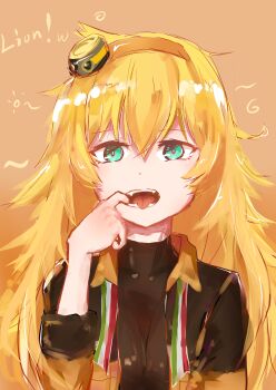 1girl absurdres blonde_hair blush breasts fang finger_in_own_mouth flag_print girls&#039;_frontline green_eyes hairband highres italian_flag italian_flag_print long_hair looking_at_viewer making_faces melody-05 messy_hair mouth_pull open_clothes open_mouth orange_hairband print_ribbon ribbon s.a.t.8_(girls&#039;_frontline) sleeves_rolled_up solo teeth tongue tongue_out turtleneck very_long_hair
