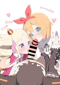 1boy 2girls apron aqua_eyes bar_censor beatrice_(re:zero) black_ribbon blonde_hair blue_eyes blush bow bow_hairband breasts butterfly-shaped_pupils censored cooperative_fellatio crown detached_sleeves dress drill_hair english_text fellatio frilled_apron frills hair_between_eyes hair_bow hairband heart highres kissing_penis kumacy_0 licking loli long_hair lying maid_apron mini_crown multiple_girls natsuki_subaru neck_ribbon on_back oral orange_hair penis petra_leyte pink_bow pink_dress pink_ribbon re:zero_kara_hajimeru_isekai_seikatsu red_hairband revision ribbon ribbon-trimmed_dress ribbon_trim short_hair simple_background sitting small_breasts sweat symbol-shaped_pupils teamwork_(sexual) tongue tongue_out twin_drills white_background