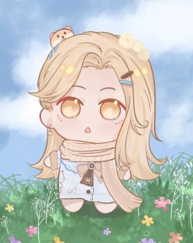 Rule 34 | 1girl, animal ears, barefoot, blonde hair, blue sailor collar, blue sky, bow, bowtie, brown bow, brown bowtie, buttons, chibi, chinese commentary, cloud, coat, commentary request, dog ears, dog hair ornament, eyelashes, field, flower, flower field, frilled sailor collar, frills, fur-trimmed sleeves, fur trim, grass, guardian floof (infinity nikki), hair down, hair ornament, hairclip, highres, infinity nikki, light blush, long hair, long sleeves, looking at viewer, nikki (series), open mouth, orange flower, parallel hairclips, paw print, paw print pattern, pink flower, pom pom (clothes), pom pom hair ornament, print bow, print bowtie, purple flower, ribbon-trimmed coat, ribbon trim, sailor collar, scarf, sky, solo, standing, tianzhuo58302, triangle mouth, very long hair, white coat, white scarf, winter clothes, winter coat, yellow eyes, yellow flower