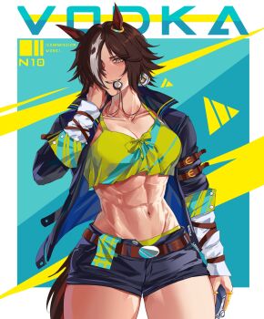 1girl abs animal_ears black_jacket black_shorts blowing_whistle blush breasts brown_eyes brown_hair collarbone commentary crop_top english_commentary hair_over_one_eye highres holding holding_stopwatch horse_ears horse_girl horse_tail jacket long_hair long_sleeves looking_at_viewer midriff multicolored_hair muscular muscular_female n10_arts navel parted_lips shirt shorts smile solo stomach stopwatch tail umamusume vodka_(umamusume) vodka_(wild_top_gear)_(umamusume) watch white_hair yellow_shirt