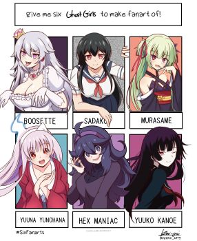 6+girls :d :p @_@ absurdres arm_support artist_name bare_shoulders black_eyes black_hair black_sleeves blue_eyes blue_sailor_collar blue_skirt blunt_bangs blush breasts cleavage closed_mouth crazy_eyes crazy_smile crown detached_sleeves dress elbow_gloves english_text eyelashes finger_to_mouth flat_chest frilled_dress frills gem ghost ghost_pose gloves green_hair grey_hair hair_between_eyes hair_ribbon hex_maniac_(pokemon) hex_maniac_(pokemon_xy) highres hime_cut japanese_clothes kanoe_yuuko ken-pai_(kenpai_arts) kimono large_breasts long_hair looking_at_viewer luigi&#039;s_mansion mario_(series) mini_crown multiple_drawing_challenge multiple_girls murasame_(senren) neckerchief new_super_mario_bros._u_deluxe nintendo one_eye_closed open_mouth own_hands_together pokemon pokemon_xy princess_king_boo puffy_short_sleeves puffy_sleeves purple_eyes red_eyes red_gemstone red_kimono red_neckerchief red_ribbon ribbon sadako_(toshi_densetsu_series) sailor_collar school_uniform senren_banka serafuku sharp_teeth short_sleeves sidelocks signature six_fanarts_challenge skirt smile spiked_hair tasogare_otome_x_amnesia teeth tongue tongue_out toshi_densetsu_series two_side_up upper_teeth_only v-shaped_eyebrows wavy_hair white_dress white_gloves white_hair wide_sleeves yunohana_yuuna yuragisou_no_yuuna-san yuzusoft