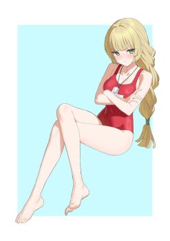 1girl alternate_costume bare_legs bare_shoulders barefoot blonde_hair blue_background border braid braided_ponytail commission crossed_arms dhokidoki fire_emblem fire_emblem:_three_houses green_eyes highres ingrid_brandl_galatea lifeguard looking_at_viewer nintendo one-piece_swimsuit red_one-piece_swimsuit second-party_source solo swimsuit whistle whistle_around_neck white_border