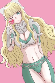 1girl armor asaorom bikini_armor blonde_hair blue_eyes bow breasts charlotte_(fire_emblem) cleavage closed_mouth fire_emblem fire_emblem_fates hair_bow highres large_breasts long_hair looking_at_viewer nintendo pauldrons shoulder_armor solo wavy_hair white_bow