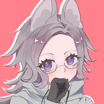 1boy 1girl animal_ears aotsuki_eito chinese_commentary commentary_request drop_shadow eyelashes genderswap genderswap_(mtf) glasses gloves grey_hair hand_up heart heart-shaped_pupils jacket kemonomimi_mode long_hair looking_at_viewer nidengdaowole166 portrait purple_eyes red_background simple_background solo symbol-shaped_pupils the_hundred_line_-last_defense_academy- white_jacket