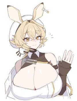 1girl absurdres alternate_breast_size_(larger) animal_ears arknights bare_shoulders black_gloves breasts commentary_request crossed_bangs dorothy_(arknights) ear_tag fingerless_gloves gloves hair_between_eyes hand_up hat highres hmrsh huge_breasts long_hair low_ponytail mouse_ears mouse_girl notice_lines ponytail shirt simple_background smile solo upper_body waving white_background white_hat white_shirt yellow_eyes