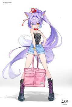 1girl absurdres ahoge animal_collar animal_ears arm_at_side bag black_shirt blue_eyes closed_mouth collar commentary_request covered_navel cure_black_pose denim denim_shorts fingernails firehippo floating_hair fox_ears fox_girl fox_tail full_body hair_ears hair_ornament hand_on_own_hip heart heart_hair_ornament heart_sticker heterochromia highres holding holding_bag korean_commentary legs_apart long_hair multicolored_eyes nail_polish pink_bag pink_pupils polka_dot polka_dot_shirt ponytail purple_hair purple_nails red_collar shadow shirt short_shorts shorts simple_background solo standing stellive sticker sticker_on_face strapless strapless_shirt tail tenko_shibuki very_long_hair virtual_youtuber white_background yellow_eyes yellow_pupils