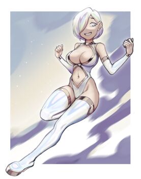 1boy bare_shoulders boots breasts cleavage clenched_hands commentary commission crossdressing crossdressing_(mtf) detached_sleeves english_commentary grin hair_over_one_eye highres large_breasts looking_at_viewer male_focus navel original pita-potato short_hair smile solo teeth thigh_boots trap white_hair white_sleeves