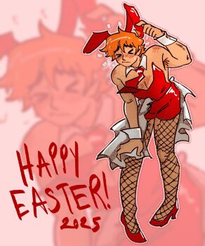 &gt;_&lt; 1boy 2025 ahoge animal_ears blush commentary crossdressing crossdressing_(mtf) easter embarrassed english_commentary fake_animal_ears fishnet_pantyhose fishnets happy_easter high_heels highres male_focus male_playboy_bunny necktie orange_hair pantyhose rabbit red_necktie red_shoes red_theme scott_pilgrim scott_pilgrim_(series) shiny_clothes shoes short_hair solo torn_clothes torn_pantyhose wallaceunwells white_wrist_cuffs wrist_cuffs zoom_layer