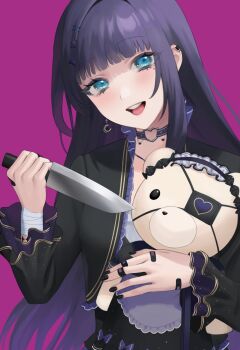 1girl aiba_uiha aiba_uiha_(3rd_costume) black_hair blue_eyes choker doll goth_fashion highres knife long_hair long_sleeves looking_at_viewer mole nijisanji okazaki_sato open_mouth solo upper_body virtual_youtuber white_background