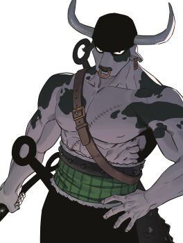 Rule 34 | 1boy, ababubu zr, abs, bandana, black bandana, cow boy, cowboy shot, earrings, face piercing, haramaki, highres, holding, holding weapon, horns, jewelry, looking at viewer, male focus, nose piercing, one piece, piercing, roronoa zoro, simple background, solo, stitched torso, stitches, weapon, white background