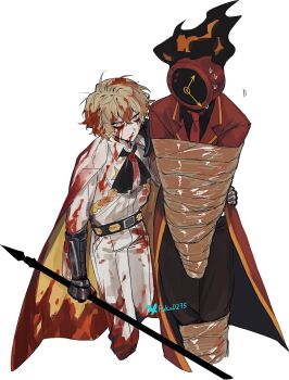 1boy 1other absurdres armored_gloves ascot bdsm black_ascot black_pants black_shirt blonde_hair blood blood_in_hair blood_on_clothes blood_on_face bloody_tears bluesky_username bondage bound cape clock coat collared_shirt cowboy_shot cropped_legs dante_(limbus_company) flaming_head fuku0275 highres lapels limbus_company n_corp._fanatic_(identity)_(project_moon) necktie nervous_sweating nosebleed object_head other_with_male pants project_moon red_coat red_necktie ringed_eyes shirt short_hair simple_background sinclair_(project_moon) sweat tape tape_bondage white_background white_cape white_pants white_shirt