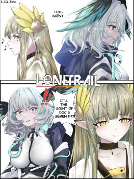 Rule 34 | !, !!, 2girls, 3 iq tuna, aqua eyes, aqua wings, arknights, artist name, black border, black choker, blonde hair, blue jacket, blush, border, breasts, choker, closed mouth, coat, collarbone, commentary, dress, english commentary, english text, grey hair, head wings, heart, heart-shaped pupils, highres, ho'olheyak (arknights), jacket, lab coat, large breasts, laurels, licking lips, long hair, long sleeves, looking at another, looking up, mole, mole under eye, muelsyse (arknights), multiple girls, musical note, open clothes, open jacket, open mouth, pointy ears, simple background, smile, snake tail, sweatdrop, symbol-shaped pupils, tail, tongue, tongue out, upper body, white background, white coat, white dress, wings, yellow eyes