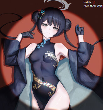 Rule 34 | 1girl, 2026, absurdres, black dress, black gloves, black hair, blue archive, braid, braided bun, breasts, butterfly hair ornament, china dress, chinese clothes, chinese commentary, commentary, covered navel, double bun, dragon print, dress, gloves, grey eyes, grey halo, hair bun, hair ornament, halo, happy new year, highres, jacket, kisaki (blue archive), long hair, looking at viewer, new year, pelvic curtain, pinstripe jacket, pinstripe pattern, print dress, sleeveless, sleeveless dress, small breasts, smile, solo, striped clothes, striped jacket, twintails, vertical-striped clothes, vertical-striped jacket, very long hair, zjsmqjjj