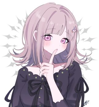 1girl black_dress black_ribbon blush brown_hair commentary_request danganronpa_(series) danganronpa_2:_goodbye_despair dress flipped_hair hair_ornament highres index_finger_raised long_sleeves looking_at_viewer medium_hair nanami_chiaki official_alternate_costume pink_eyes pote_(pote_39) ribbon solo